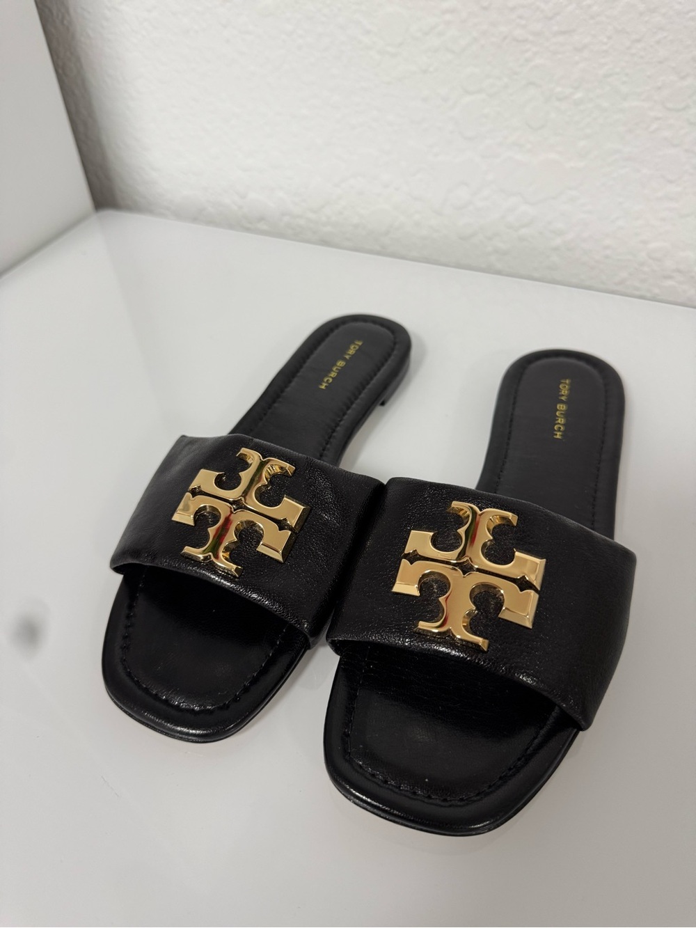 Tory Burch Black Leather Slide Sandals with Gold Logo